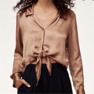 Aritzia Wilfred Satin Tie-Front Blouse - Brown